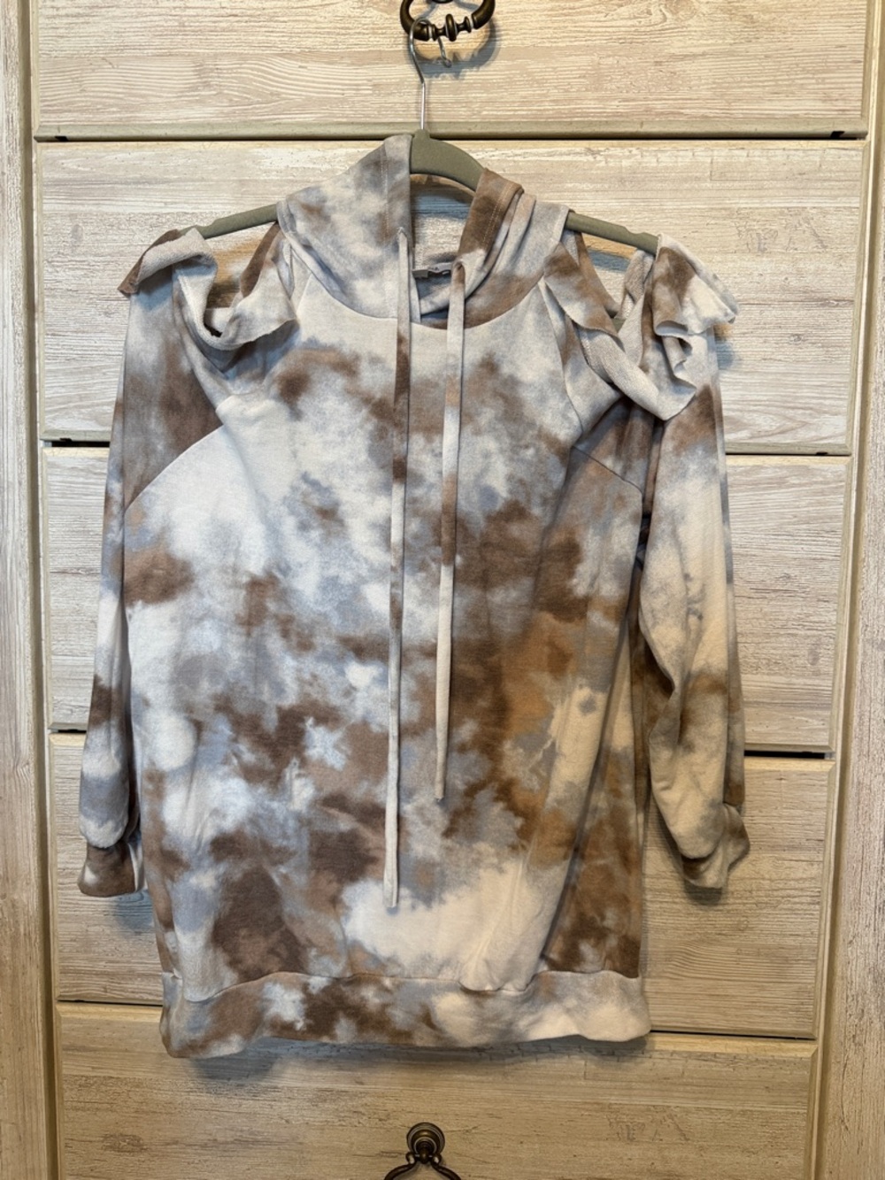 Women’s White Birch Tie-Dye Cold-Shoulder Hoodie - Brown & Cream size small